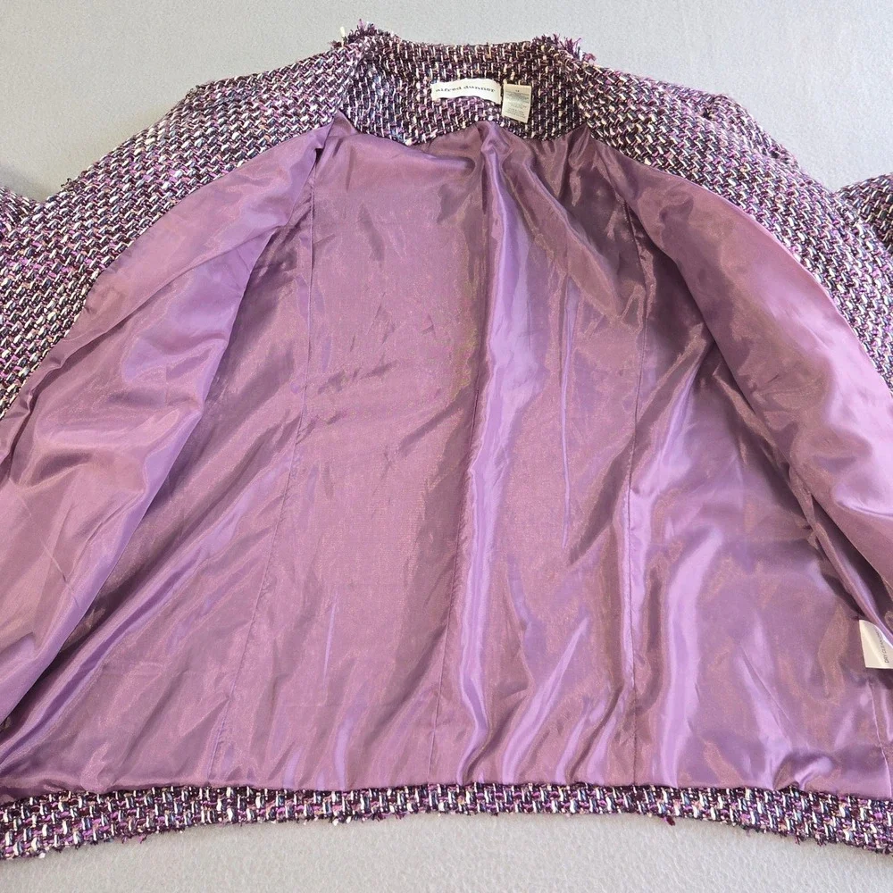 Alfred Dunner Tweed Jacket Womens 14 Purple Multi Fringe Open Front Woven Blazer